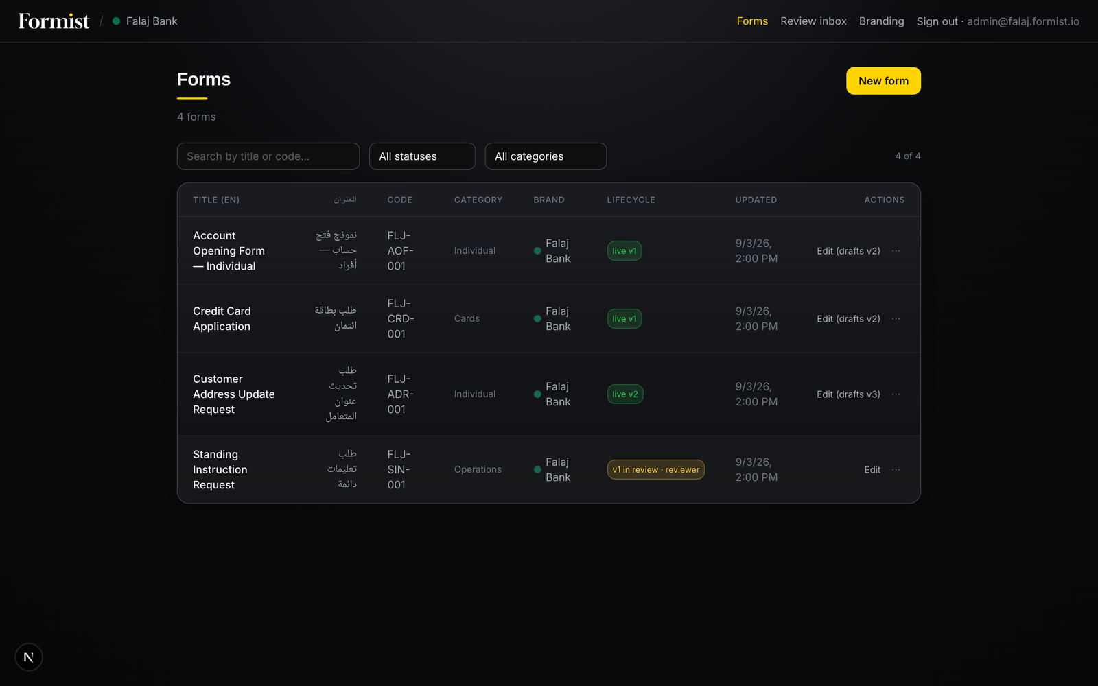 The forms catalogue: every form with its live and in-review lifecycle status, category, brand, and last update.