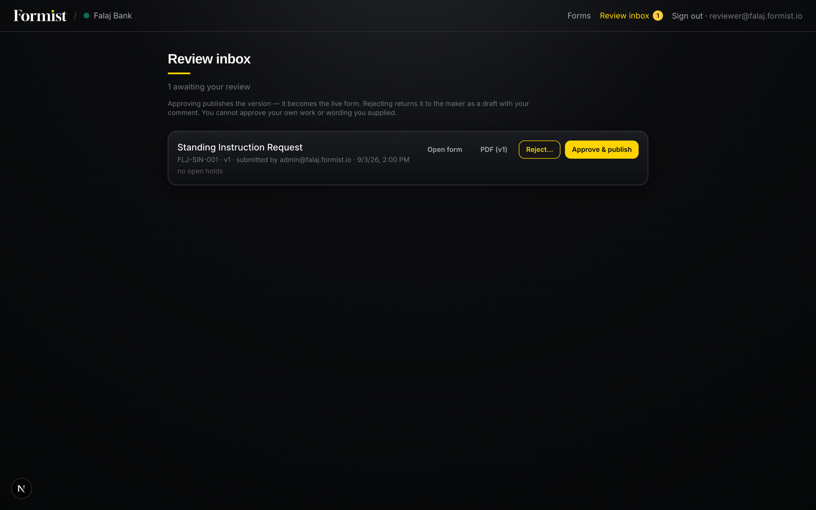 The review inbox: a version awaiting approval with Approve & publish and Reject actions.